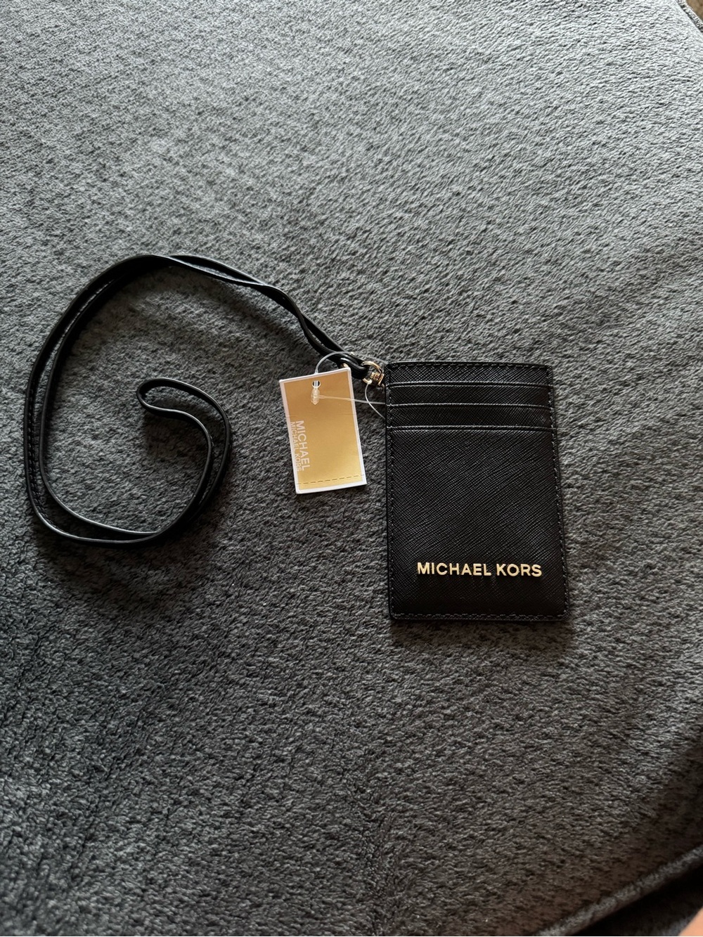 Michael Kors Black Cardholder with Gold Logo and Lanyard